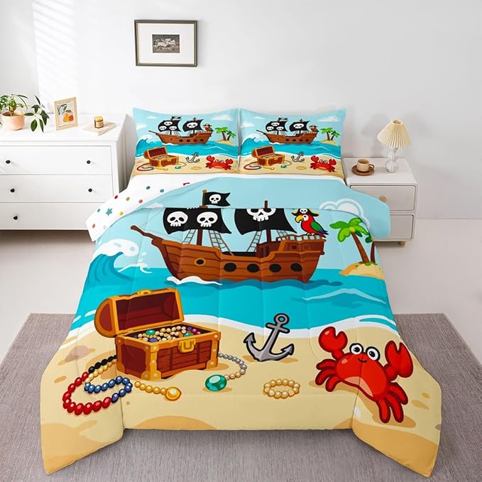 Cartoon Pirate Ship Bedding Set,Cartoon Parrot Crab Coastal Creature Comforter Set for Kids Teens Adults,Nautical Sailing Ocean Theme Comforter Duvet Set with 2 Pillowcases Full Size 3 Pcs