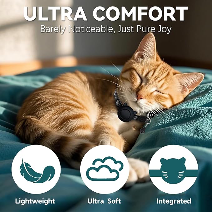 GPS Tracker for Cat Tracker Collar Waterproof Airtag Compatible with Apple Find My (iOS ONLY) No Monthly Fee Breakaway Design Reflective Pattern Bell Black Durable Cat Tracking (Tracker with Collar)