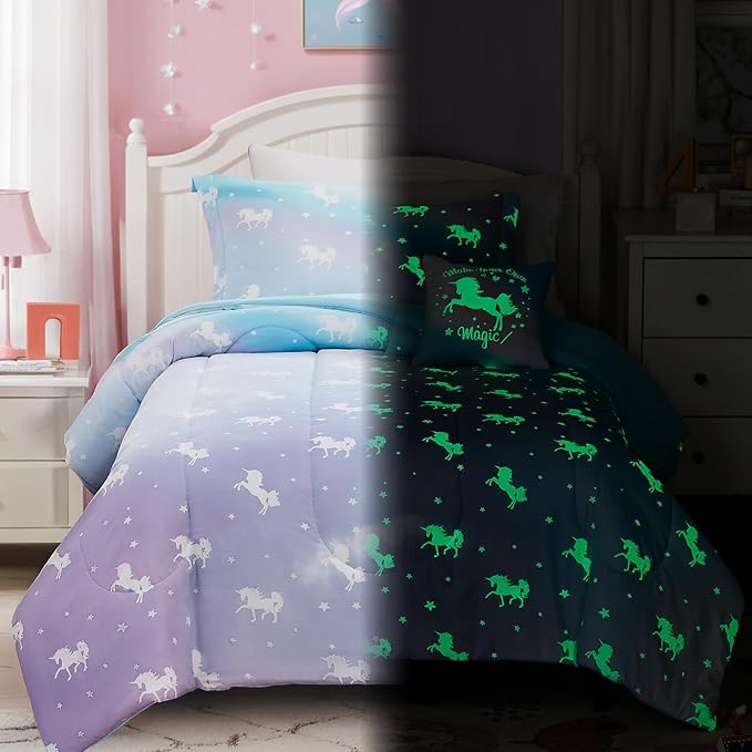 Full Size Comforter Set for Girls-4 Pieces Unicorn Glow in the Dark Full Bedding Sets for Kids, 1 Comforter, 2 Shams and 1 Decor Pillow