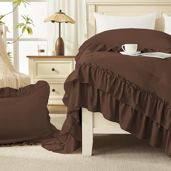 Andency Brown King Comforter Set (104x90Inch), 3 Pieces Ruffle Comforter Set with 2 Pillowcases, Farmhouse Shabby Chic Lightweight Fluffy Soft All Season Bed Set