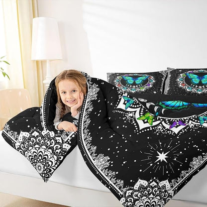 Erosebridal Butterfly Bedding Set Queen Size Galaxy Duvet Set Starry Sky Comforter Sets Boho Colorful Wild Animals Down Comforter for Moth Moon All Season Mandala Black White Duvet Set