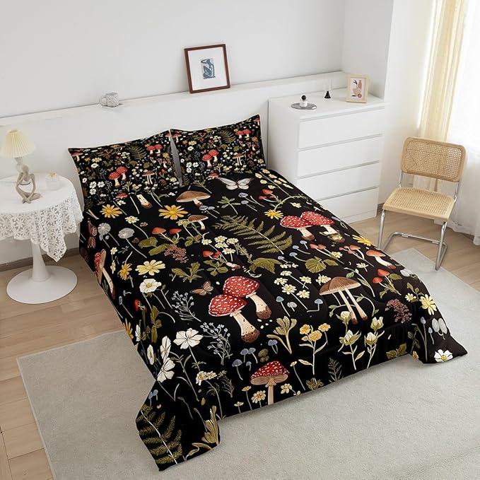 Feelyou Mushroom Comforter Set Twin Size Boho Comforter Western Decor Bedding Set Southwest Native American Design Duvet Set Room Decor Bronze Black Quilt Set