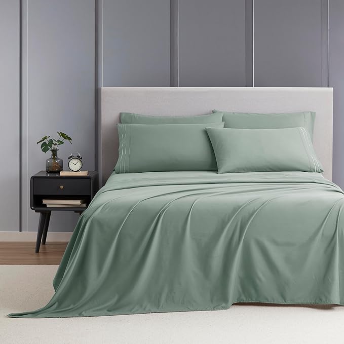 Clara Clark Twin Sheets - Hotel Luxury 5 Piece Bed Sheets for Twin Size Bed - Soft Bedding Sheets & Pillowcases, Fits Mattress up to 16 inch deep. Twin, New Sage Green