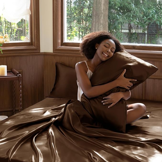 CozyLux Satin Sheets Queen Size Bed Set - 4 Piece Silky Queen Sheet Set, Luxury Brown Queen Sheets with Smooth and Soft Microfiber, Includes 1 Fitted Sheet, 1 Flat Sheet and 2 Pillowcases