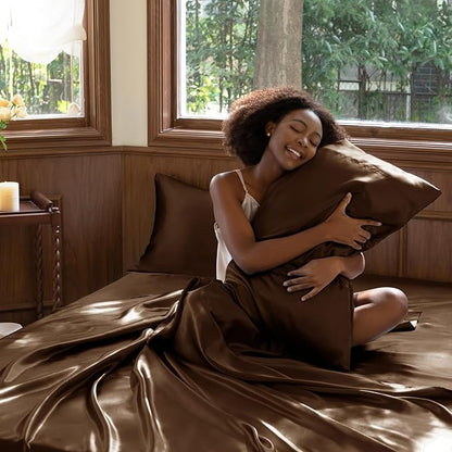 CozyLux Satin Sheets Full Size Sheets - 6 Piece Silky Full Size Bed Sheets, Luxury Brown Full Bed Set with Smooth and Soft Microfiber, Includes 1 Fitted Sheet, 1 Flat Sheet and 4 Pillowcases