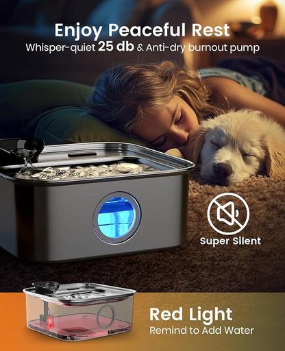 oneisall 10L/2.6Gal Dog Water Fountain for Large Dogs (with 5 Filters) | Deeper & Wider Drinking Area, Visualization Water Window & Triple Filtration,304 Stainless Steel