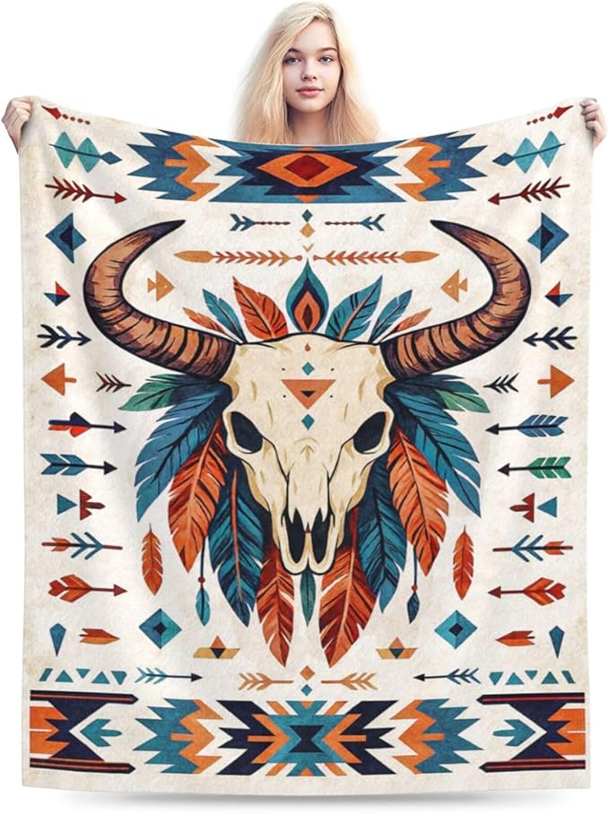 Western Cattle Skull Blanket Super Soft Warm Fluffy Fleece Flannel Throw Blanket Cozy Fuzzy Plush Stuff Bedding Blankets Gifts for Women Kids Boys Girls Adults 80"X60"