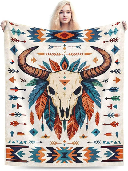 Western Cattle Skull Blanket Super Soft Warm Fluffy Fleece Flannel Throw Blanket Cozy Fuzzy Plush Stuff Bedding Blankets Gifts for Women Kids Boys Girls Adults 60"X50"