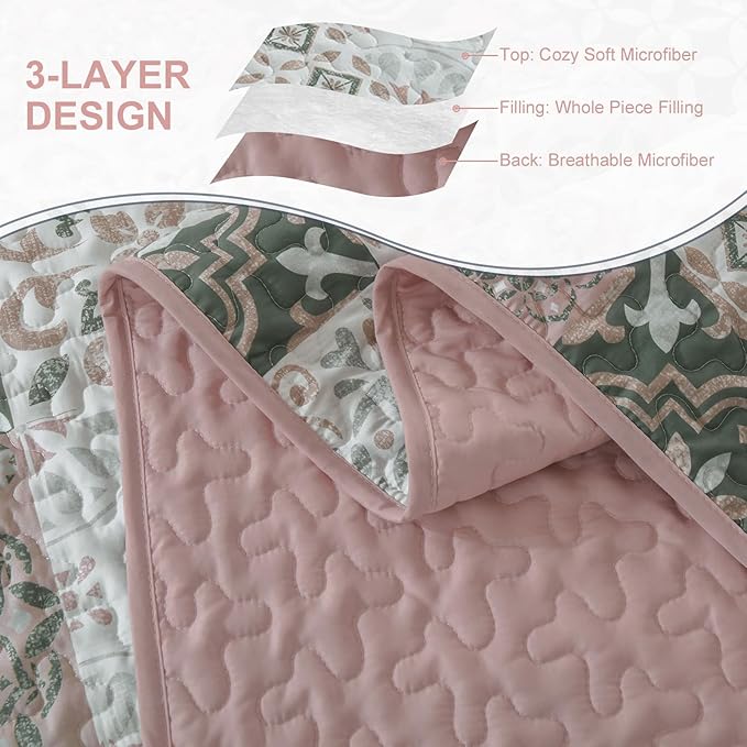 Dobuyly Blush Quilt Set Queen Size, Boho Patchwork Plaid Bedspread Coverlet Set, 3 Pieces Soft Microfiber Farmhouse Quilt Bedding Set Lightweight Bed Cover for All Seasons 96"x90"