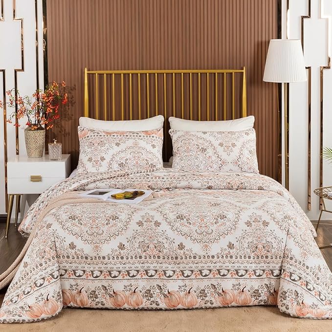 CLOTHKNOW Light Brown Floral Queen Comforter Set Botanical Bedding Comforter Sets Boho Comforter Pumpkin Comforter Queen with 2 x Pillow Cases