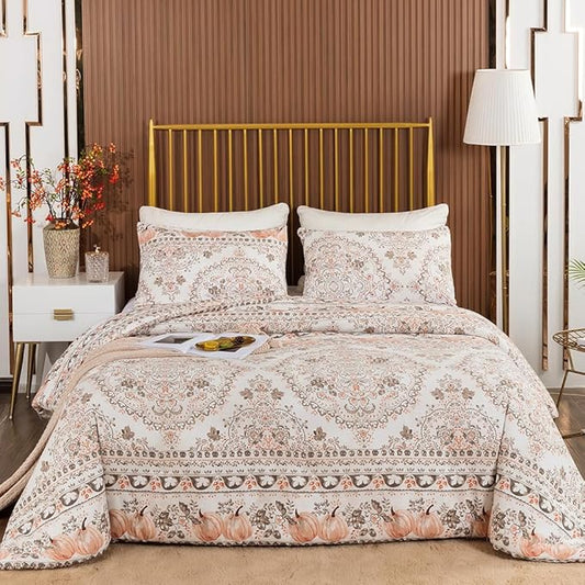 CLOTHKNOW Light Brown Floral Queen Comforter Set Botanical Bedding Comforter Sets Boho Comforter Pumpkin Comforter Queen with 2 x Pillow Cases