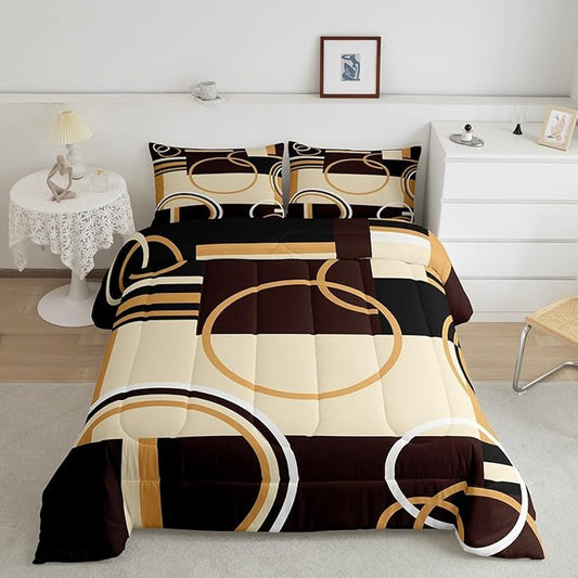 Erosebridal Modern Geometric Comforter Set Twin Size Brown Black Stripes Down Comforter for Kids Adult Retro Circle Swirls Bedding Set Bedroom Decor Abstract Texture Color Art Comforter