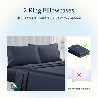 California Design Den King Size Pillowcase Set - 400 Thread Count, 100% Cotton Sateen, Set of 2 Pillow Covers, Soft and Breathable - Indigo Dusty Blue