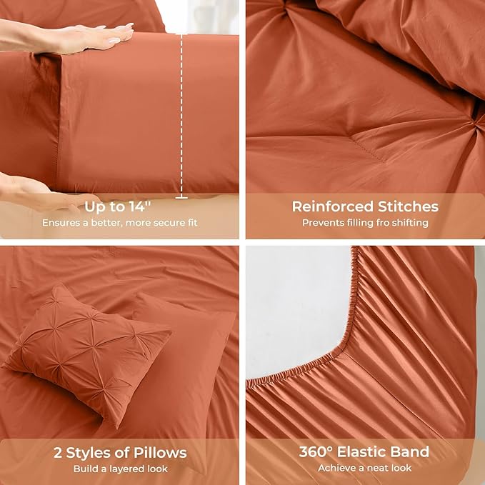 Sasttie California King Comforter Set, 7-Piece Bed in a Bag, Pintuck Bedding Sets for All Season, Includes Comforter, Flat Sheet, Fitted Sheet, Pillowcases and Pillowshams, Burnt Orange