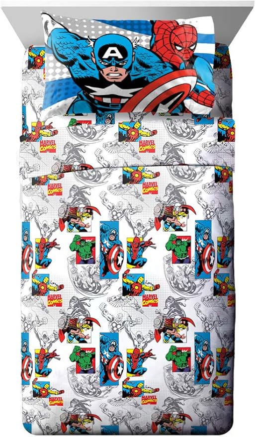 Jay Franco Kids Sheet Set with Fitted, Flat Sheets & Pillow Cover - Ultra-Soft Bedding with Pillowcase for Room Decor, White - Avengers, 4 Piece Full