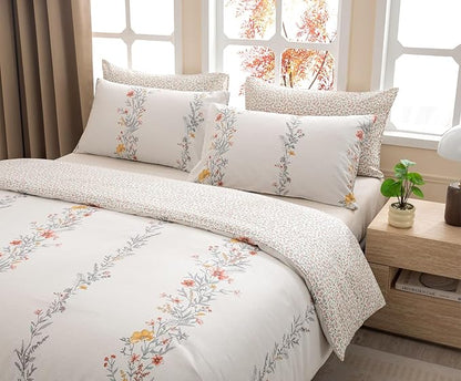 SLEEPBELLA Duvet Cover Queen, 600 Thread Count Cotton Red & Yellow Floral Pattern Flower Reversible Comforter Cover(Queen, White Floral)