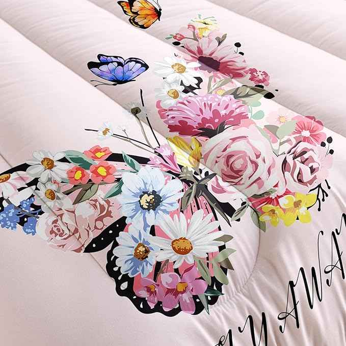 Pink Floral Butterfly Tower Comforter Set Queen Girl Butterfly Bedding Sets 3PCS for Kids Teen Adult Girl Room Decor Ultra-Soft Lightweight Microfiber 1 Comforter with 2 Pillowcases