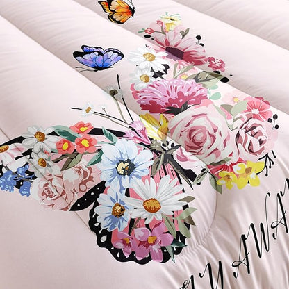 Pink Floral Butterfly Tower Comforter Set Full Girl Butterfly Bedding Sets 3PCS for Kids Teen Adult Girl Room Decor Ultra-Soft Lightweight Microfiber 1 Comforter with 2 Pillowcases