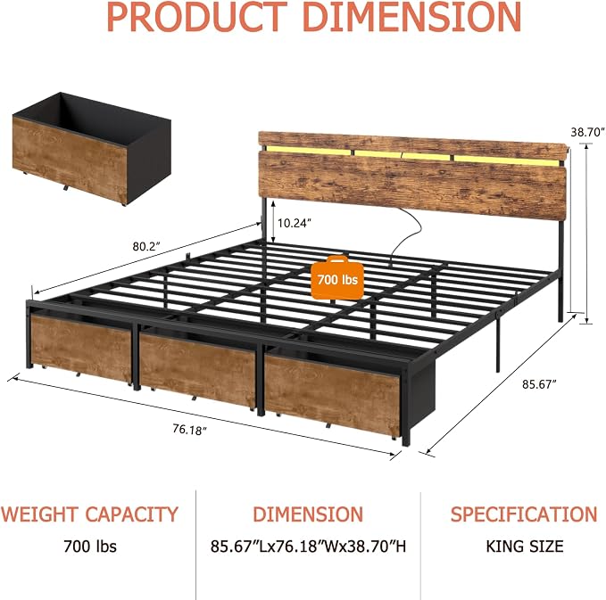 Forestell King Size Bed Frame with Wood Headboard,3 Storage Drawers & Shelf | Built-in Charging Station & LED Lights, Metal Support, No Box Spring Needed, noise-free, easy assembly, Smart RGB, USB+Type-C