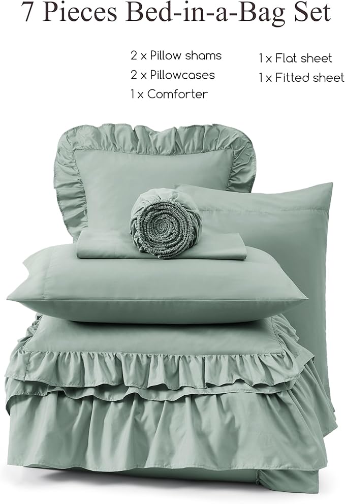 Queen Comforter Set Sage Green, Ruffle Shabby Chic Bedding Set Farmhouse 7 Pieces, All Season Fluffy Bed in a Bag with Sheets, Pillowcases & Shams