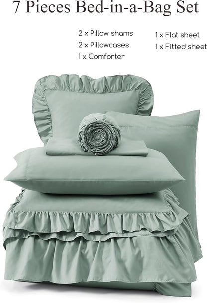 Queen Comforter Set Sage Green, Ruffle Shabby Chic Bedding Set Farmhouse 7 Pieces, All Season Fluffy Bed in a Bag with Sheets, Pillowcases & Shams