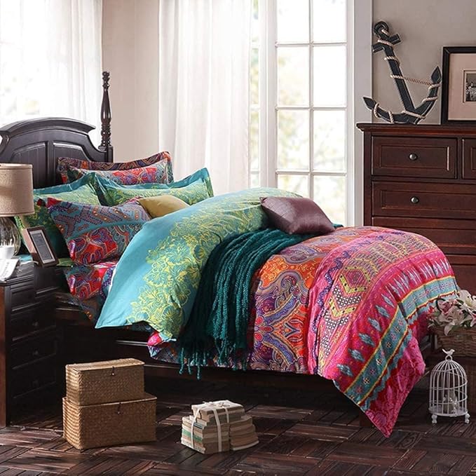Boho King Size Comforter Set Soft Chic 3 Pieces Bedding Queen Comforter Set Lightweight Exotic Red Teal Bohemian Mandala Colorful Vintage Comforter Bed Set for All Seasons (King, Boho)