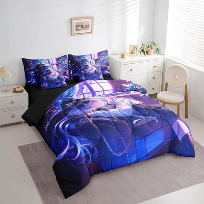 Anime Girl Comforter Set With Sheets Queen Size Japanese Anime 7 Piece Bedding Set For Kids Boys Teens Women Bedroom Decor, Cartoon Girl Bed In A Bag Japanese Animation Kawaii Bed Sets, Purple