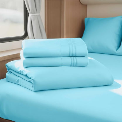 Clara Clark Bed Sheets, Premier 1800 Series 4 Piece RV Queen Sheet Set, Luxury Soft Sheets for RV Bunks, Short Queen - Beach Blue