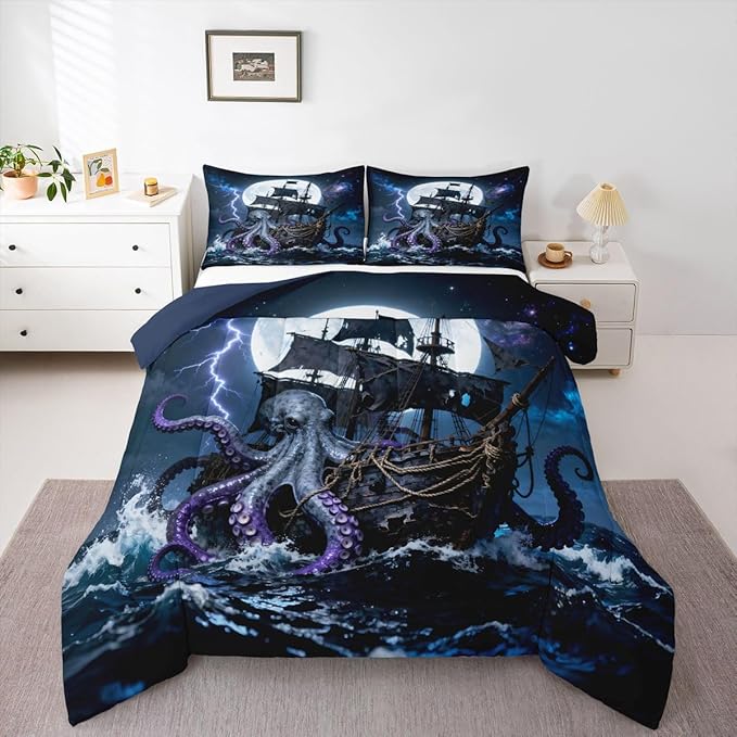 Castle Fairy Octopus Pirate Ship Comforter Set Toddler Size 2 Pcs,Moon Lightning Galaxy Night Sky Bedding Sets for Kids Teens Adults,Wild Sealife Ocean Sailing Quilted Comforter with 1 Pillowcase