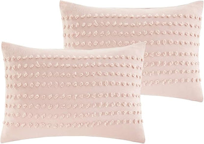 Comfort Spaces Cotton Comforter Set Jacquard Pom-Pom Tufts Design, Down Alternative, All Season Modern Bedding, Matching Shams, Twin/Twin XL, Phillips, Blush