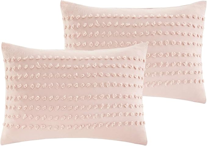 Comfort Spaces Cotton Comforter Set Jacquard Pom-Pom Tufts Design, Down Alternative, All Season Modern Bedding, Matching Shams, Full/Queen, Phillips, Blush