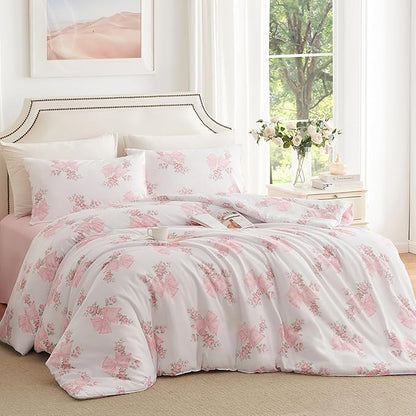 Nayoroom Pink Bow Duvet Cover Full Size Coquette Pink Floral Duvet Cover 3 Pieces Soft Lightweight Microfiber Girls Cute Aesthetic Dorm Bedding Set