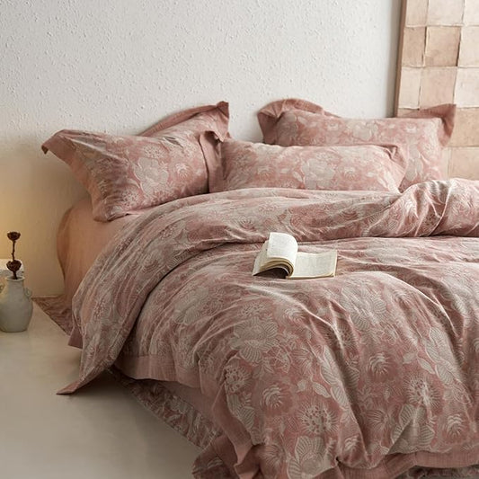 mixinni Duvet Cover King, Premium Cotton Double-Layer Yarn Pink Floral Jacquard Comforter Cover with Edge Design, Farmhouse Bedding Set with 2 Pillowcases Perfect for Him and Her-King Size