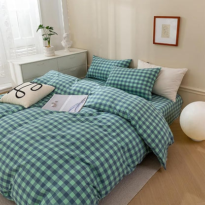 EAVD Queen Comforter Set Green Gingham Comforter Set 3 Pieces Soft Fluffy Cotton Bedding Set with 2 Pillowcases Modern Grid Checkered Plaid Bedding Set for All-Season Lightweight&Breathable