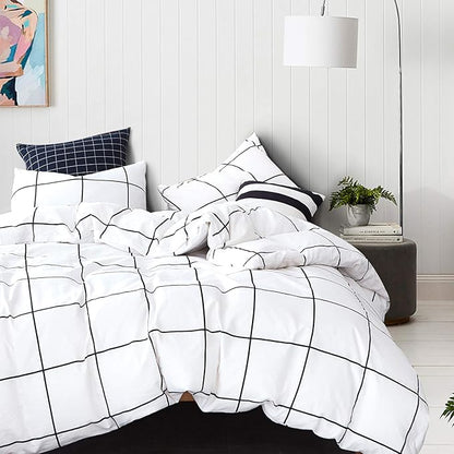 CLOTHKNOW White Plaid Queen Comforter Set Grid Bedding Comforter Sets Geometric Comforter Soft White Comforter with 2 x Pillow Cases