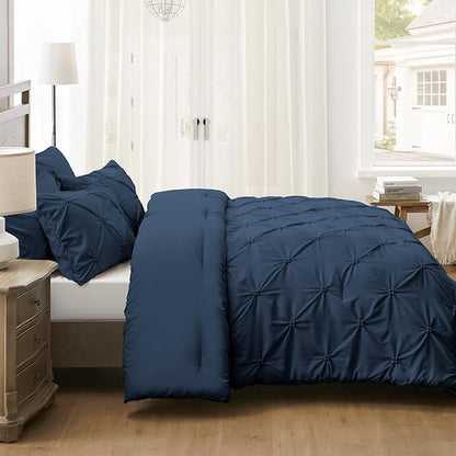 UNIKOME Queen Comforter Set Navy/Royal Blue - Ultra Soft Boho Pintuck Down Alternative Bedding Set for All Seasons, 3 Pieces Lightweight Warm Pinch Pleat Bed Set with Comforter, 2 Pillowcases