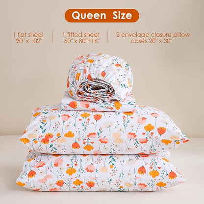 JSD Tulip Floral Sheet Set Queen Size, 4 Piece Spring Printed Microfiber Bed Sheets Deep Pocket