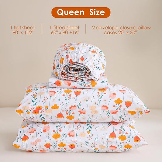 JSD Tulip Floral Sheet Set Queen Size, 4 Piece Spring Printed Microfiber Bed Sheets Deep Pocket