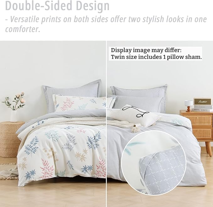 White Cotton Comforter Twin Size 2Pcs - Blue, Beige and Blush Botanicals Pattern on White, Gray Grid Back, Reversible Lightweight Bedding Sets with Soft Fill(1 Comfoter, 1 Pillowcase)