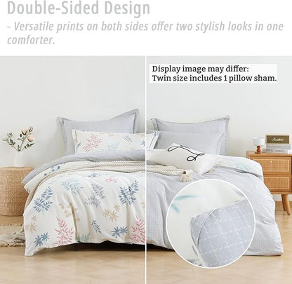 White Cotton Comforter Twin Size 2Pcs - Blue, Beige and Blush Botanicals Pattern on White, Gray Grid Back, Reversible Lightweight Bedding Sets with Soft Fill(1 Comfoter, 1 Pillowcase)