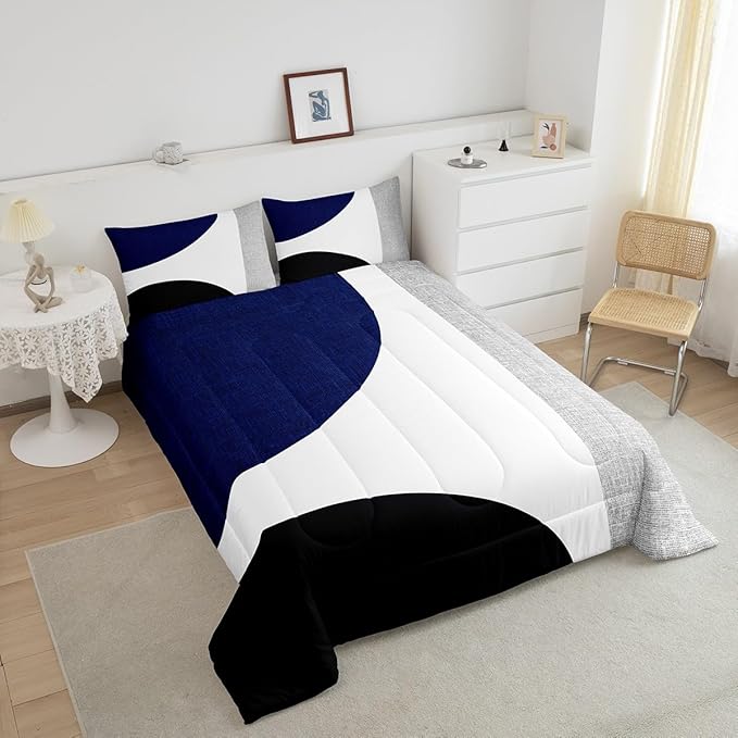 Erosebridal Navy Blue Abstract Comforter Set Full,Black and White Boho Geometric Circle Bedding for Minimalist,Striped Lines Modern Art Quilt,Watercolor Creative Artwork Bedding Comforter Sets