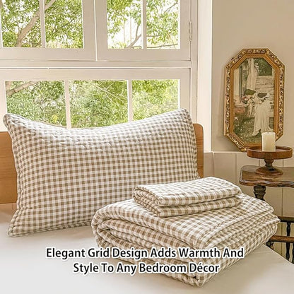 NSNLGSGC Tan Gingham Twin Quilt Set, Soft Pre-Washed Microfiber Taupe Plaid Twin Bedspread, Lightweight Checked Summer Quilt, Grid Bedding Coverlets for All Seasons (Includes 1 Quilt, 1 Pillow Sham)