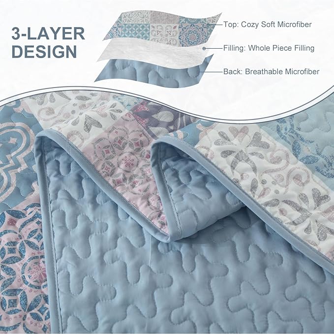 Dobuyly Quilt Set King Size, Light Blue/Pink Patchwork Bedspread 3 Pieces, Boho Plaid Summer Coverlet Set, Soft Lightweight Quilt Bedding Set for All Seasons 110"x90"