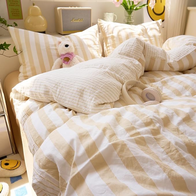 EAVD Beige Striped Duvet Cover Twin XL Soft Washed Microfiber Striped Reversible Bedding Set with 2 Pillowcases Modern Farmhouse Geometric Pattern Duvet Cover with Zipper Closure