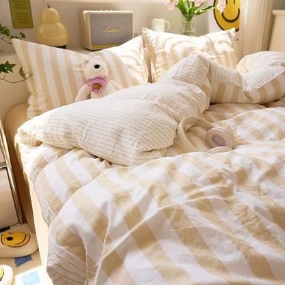 EAVD Beige Striped Duvet Cover Twin XL Soft Washed Microfiber Striped Reversible Bedding Set with 2 Pillowcases Modern Farmhouse Geometric Pattern Duvet Cover with Zipper Closure