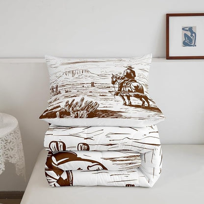 Western Comforter Set Full, Farmhouse Cowboy Bedding Set Western Bedding, Country Southwest Desert Down Comforter, American Wild Cactus Duvet Insert, Vintage Hand Drawn Print 3Pcs Quilt for Boys Men