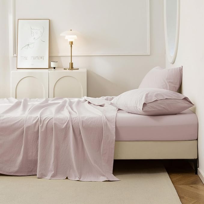 JIYUAN Twin Size Sheet Set, 3-Piece - 100% Washed Cotton, Linen-Like Soft & Breathable, Includes Deep Pocket Fitted & Flat Sheet with 1 Pillowcases, Hotel Quality, Heathered Greyish Pink