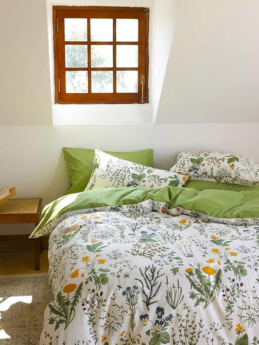 Houseri Green Floral Comforter Set Queen Yellow Small Flowers Botanical Bedding Sets Queen Teen Girls Women Rustic Green Leaves Boho Comforter Queen Size Farmhouse Bed Comforter Blanket Quilt Queen