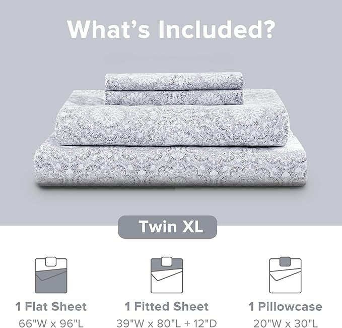 Comfort Spaces 100% Cotton Sheet Set Breathable, Lightweight, Soft with 12" Elastic Pocket Fits up to 14" Mattress, All Season Cozy Bedding, Matching Pillow Case, Twin XL Adelia Gray 3 Piece