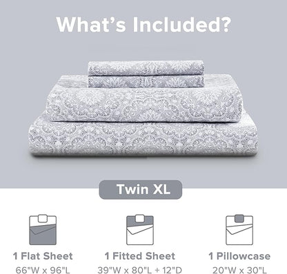 Comfort Spaces 100% Cotton Sheet Set Breathable, Lightweight, Soft with 12" Elastic Pocket Fits up to 14" Mattress, All Season Cozy Bedding, Matching Pillow Case, Twin XL Adelia Gray 3 Piece